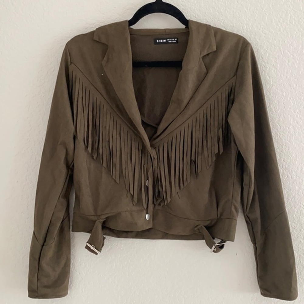 Shein Olive Green Suede Fringe Cropped Jacket